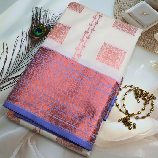 White Handloom Kanchipuram Saree with Pink Pallu SB010