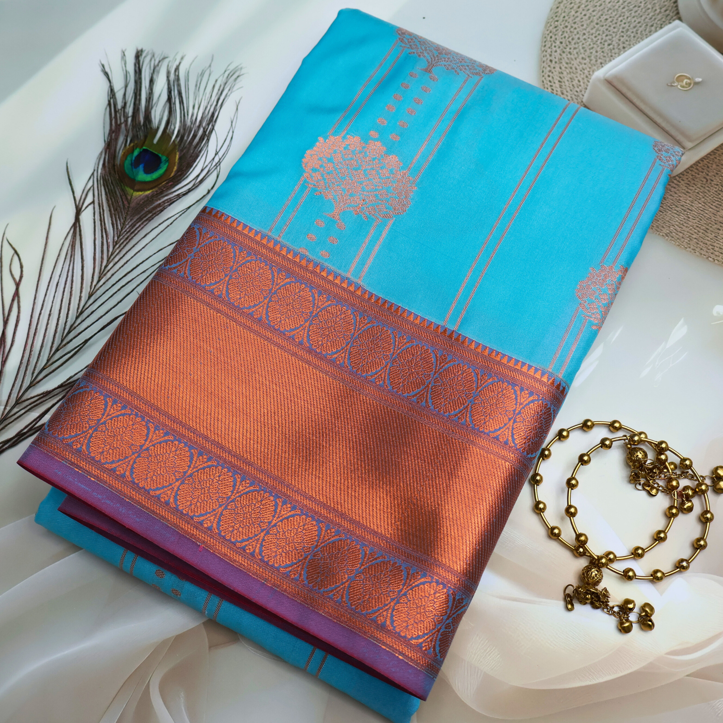 Blue Handloom Saree with Vibrant Pink Pallu and Copper Zari Border SB012