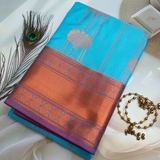 Blue Handloom Saree with Vibrant Pink Pallu and Copper Zari Border SB012