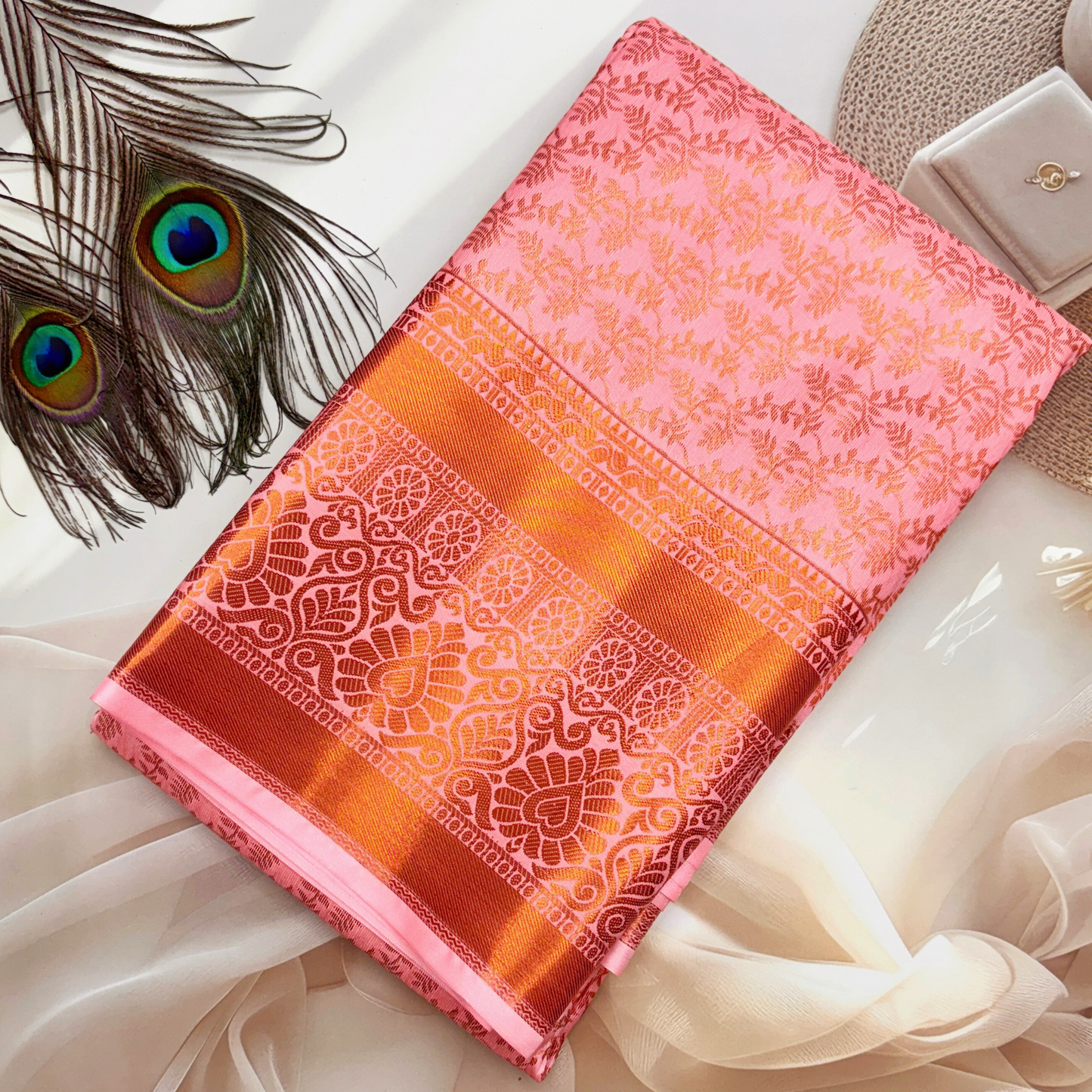Light Pink Kanchipuram Bridal Silk Saree with Ornate Gold Zari Weaving BS013