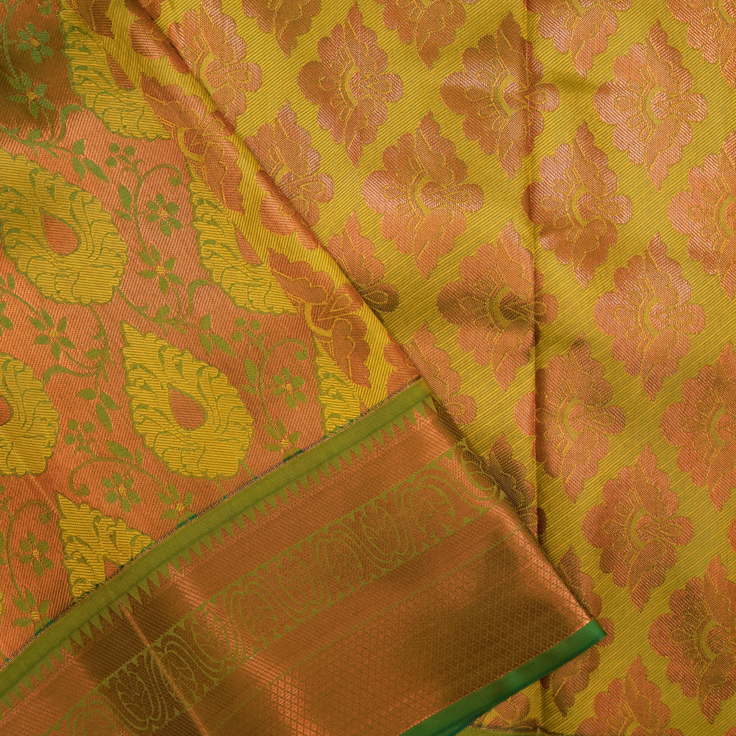 Mustard Green Kanchipuram Silk Bridal Saree with Copper Zari Highlights BS017
