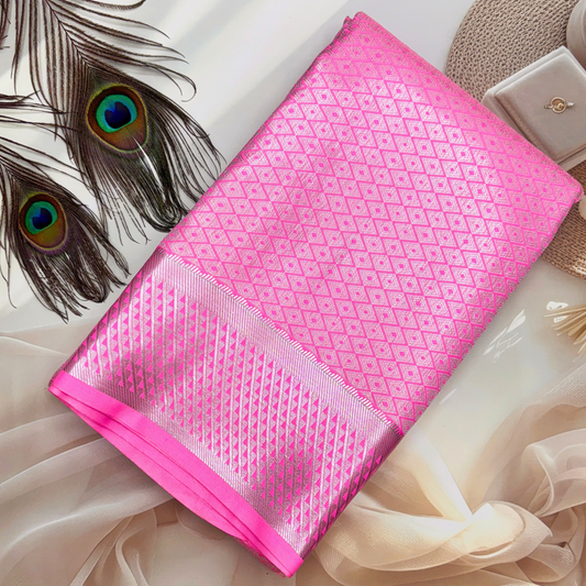 Light Pink Kanchipuram Silk Bridal Saree withContrast Green Blouse BS018