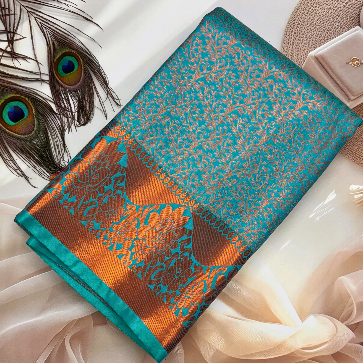 Rama Blue Kanchipuram Silk Saree with Pink Blouse and Golden Zari Border BS020