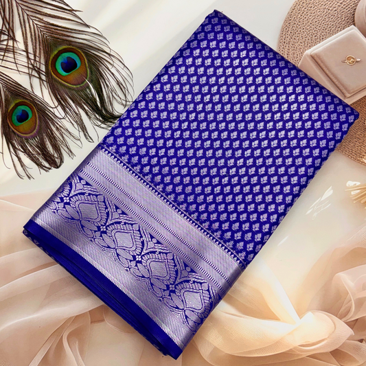 Royal Blue Kanchipuram Silk Bridal Saree with Silver Zari Weaving BS022