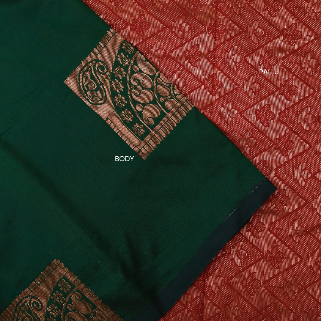 Bottle Green Soft Silk Saree with Red Pallu ES23