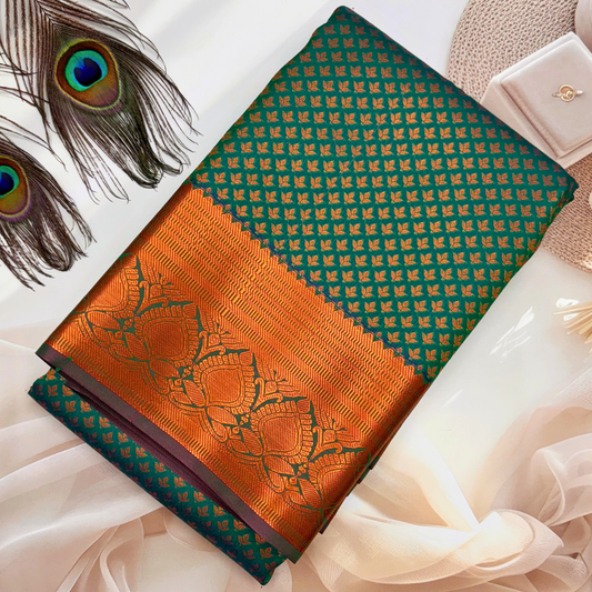 Green Kanchipuram Silk Saree with Copper Zari Border and Contrasting Copper Blouse BS024