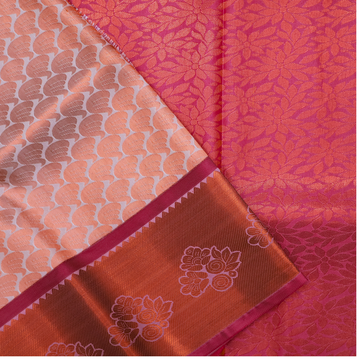 Peach and Pink Bridal Silk Saree with Copper Zari Border BS003