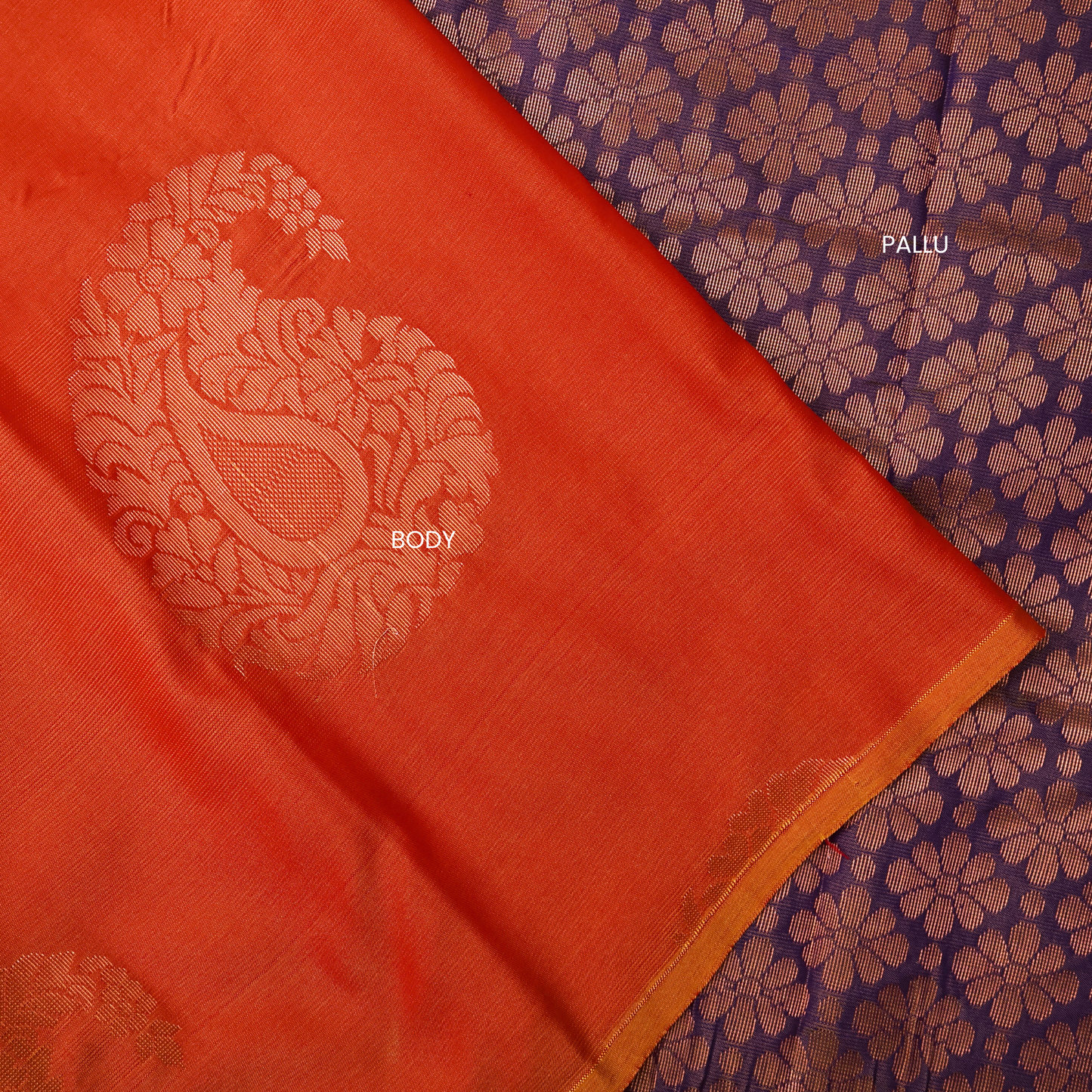 Bright Orange Soft Silk Saree with Purple Floral Pallu ES32