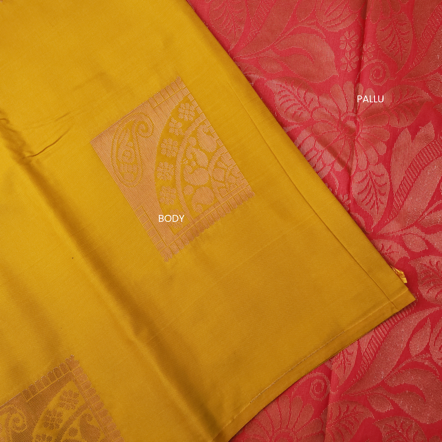 Yellow Soft Silk Saree with Pink Leafy Pallu ES34