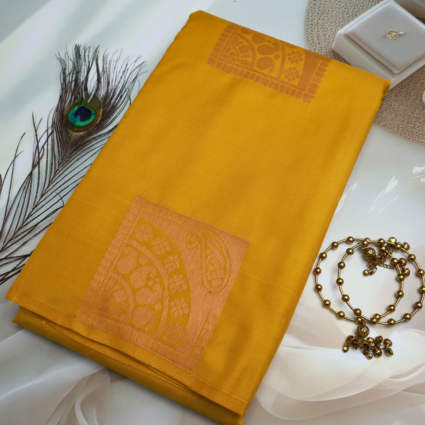 Yellow Soft Silk Saree with Pink Leafy Pallu ES34
