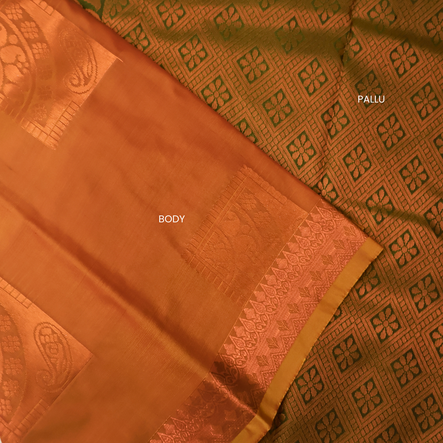 Rust Orange Soft Silk Saree with Green Geometric Pallu ES35