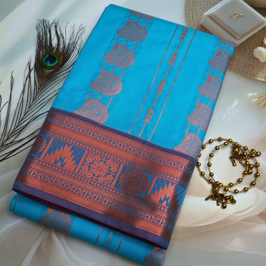 Blue Handloom Kanchipuram Saree with Maroon Pallu SB004