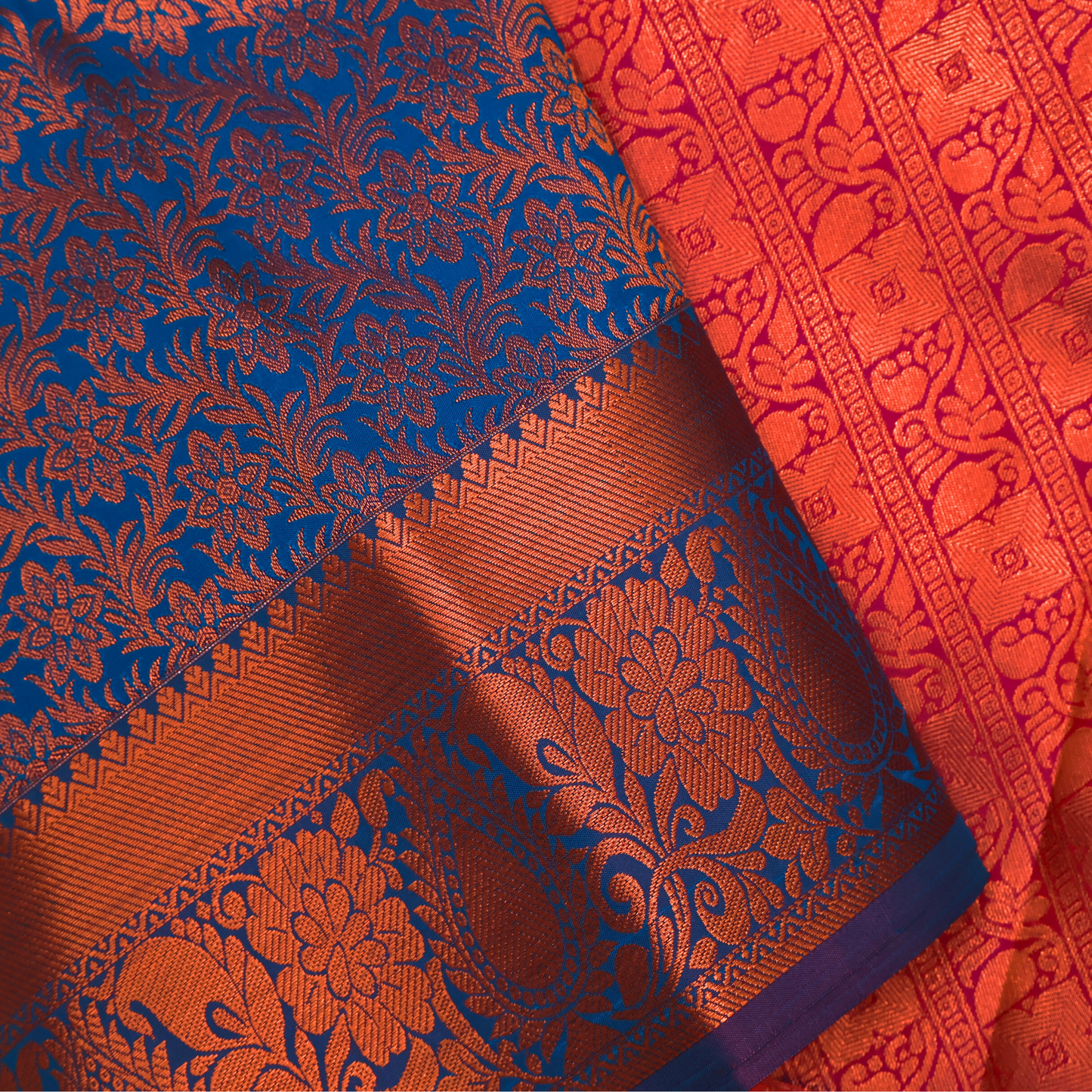 Royal Blue and Copper Bridal Silk Saree with Ornate Zari Motifs BS007