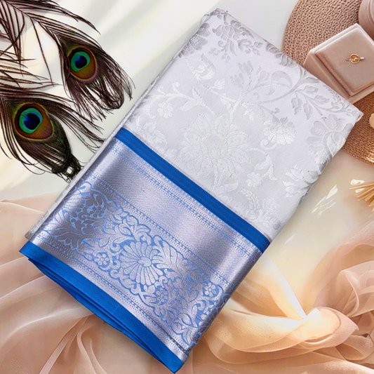 Elegant White Bridal Silk Saree with Blue Border BS008