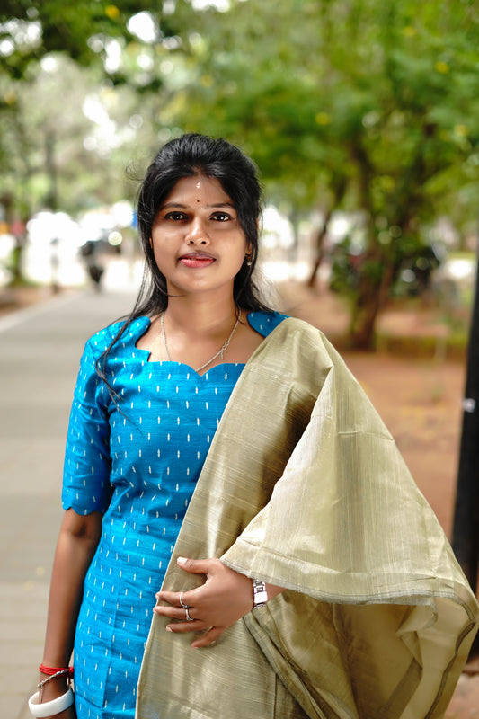 Elegant Blue Raw Silk Premium Kurti Set