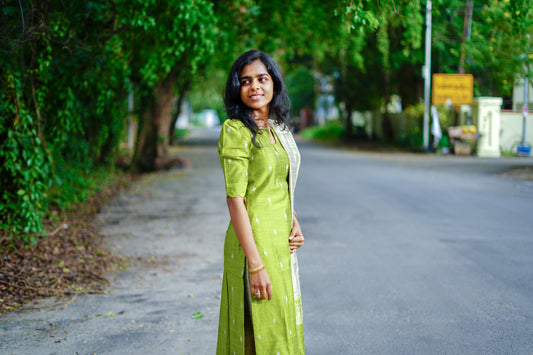 Elegant Parrot Green Raw Silk Premium Kurti Set