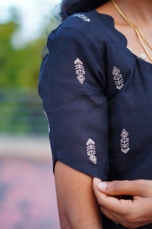 Black Raw Silk Kurti with Subtle Motifs