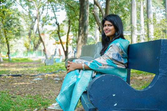 Chanderi Cotton Kurti with Elegant Floral Shawl – Teal Blue