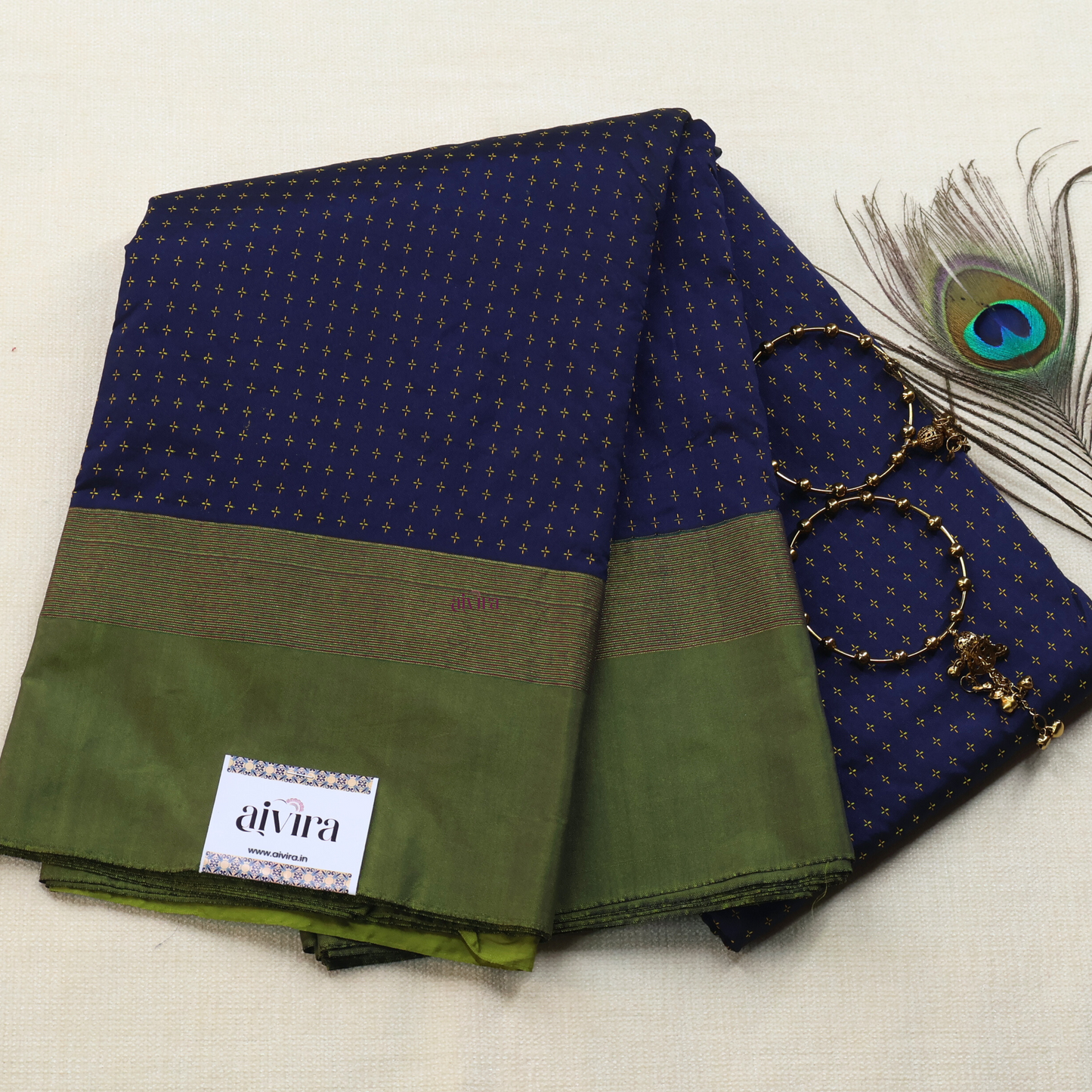 Navy Blue and Olive Green Arani Soft Silk Saree AS102