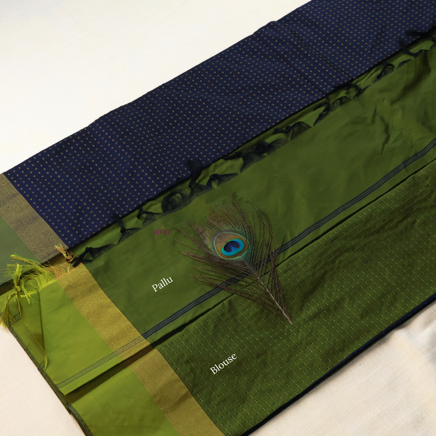 Navy Blue and Olive Green Arani Soft Silk Saree AS102