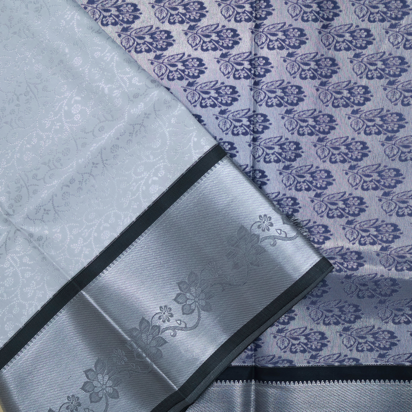 Silver and Grey Bridal Silk Saree with Floral Zari Design BS011