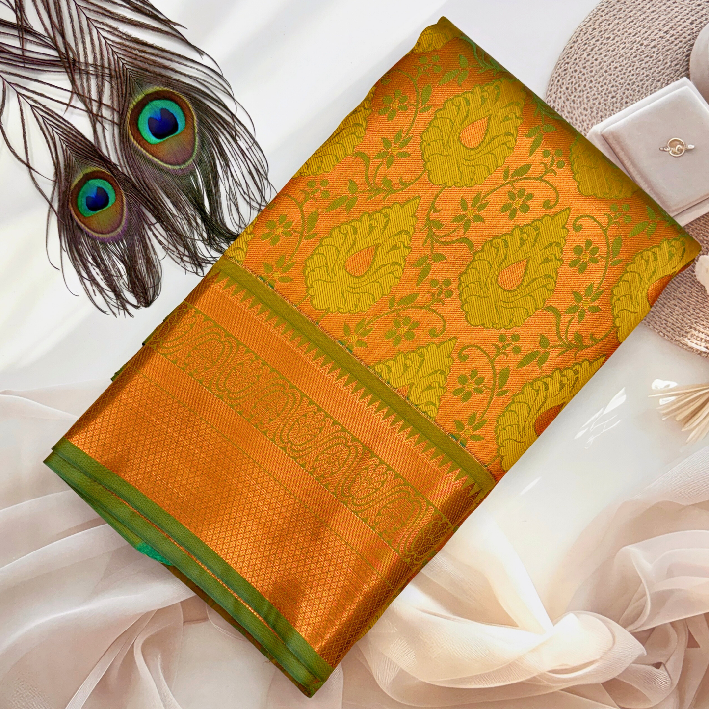 Mustard Green Kanchipuram Silk Bridal Saree with Copper Zari Highlights BS017