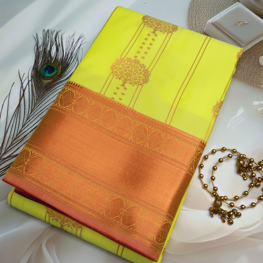 Yellow Handloom Kanjivaram Soft Silk Saree with Copper Border and Purple Pallu SB001