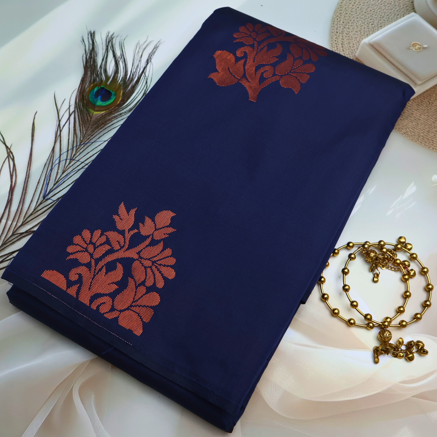Elegant Navy Blue Soft Silk Saree with Copper Pallu ES22