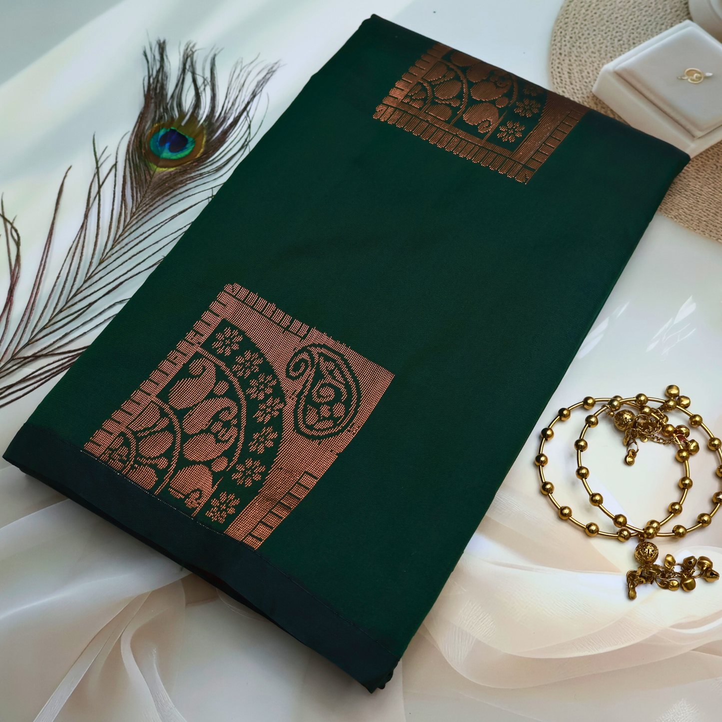 Bottle Green Soft Silk Saree with Red Pallu ES23