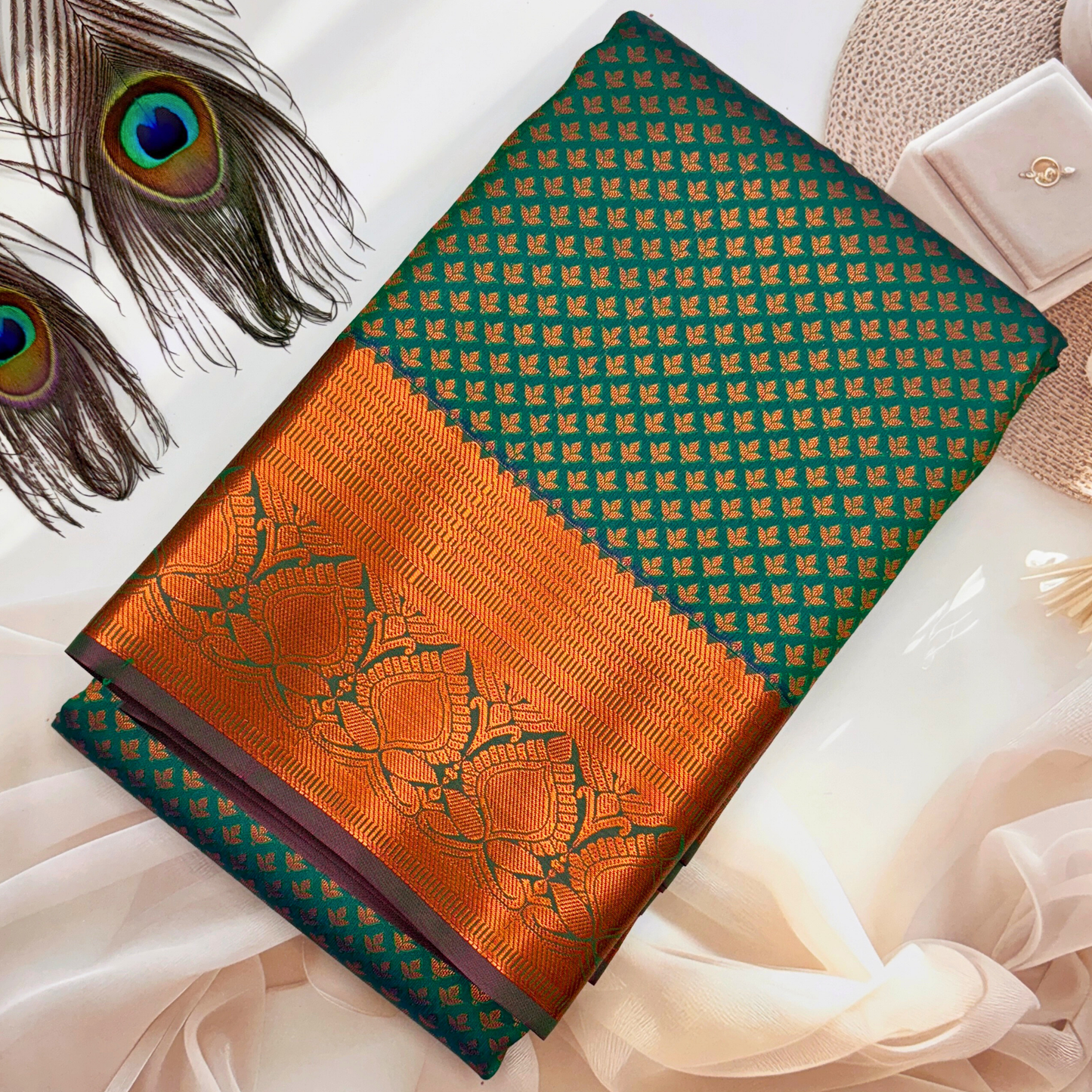 Green Kanchipuram Silk Saree with Copper Zari Border and Contrasting Copper Blouse BS024