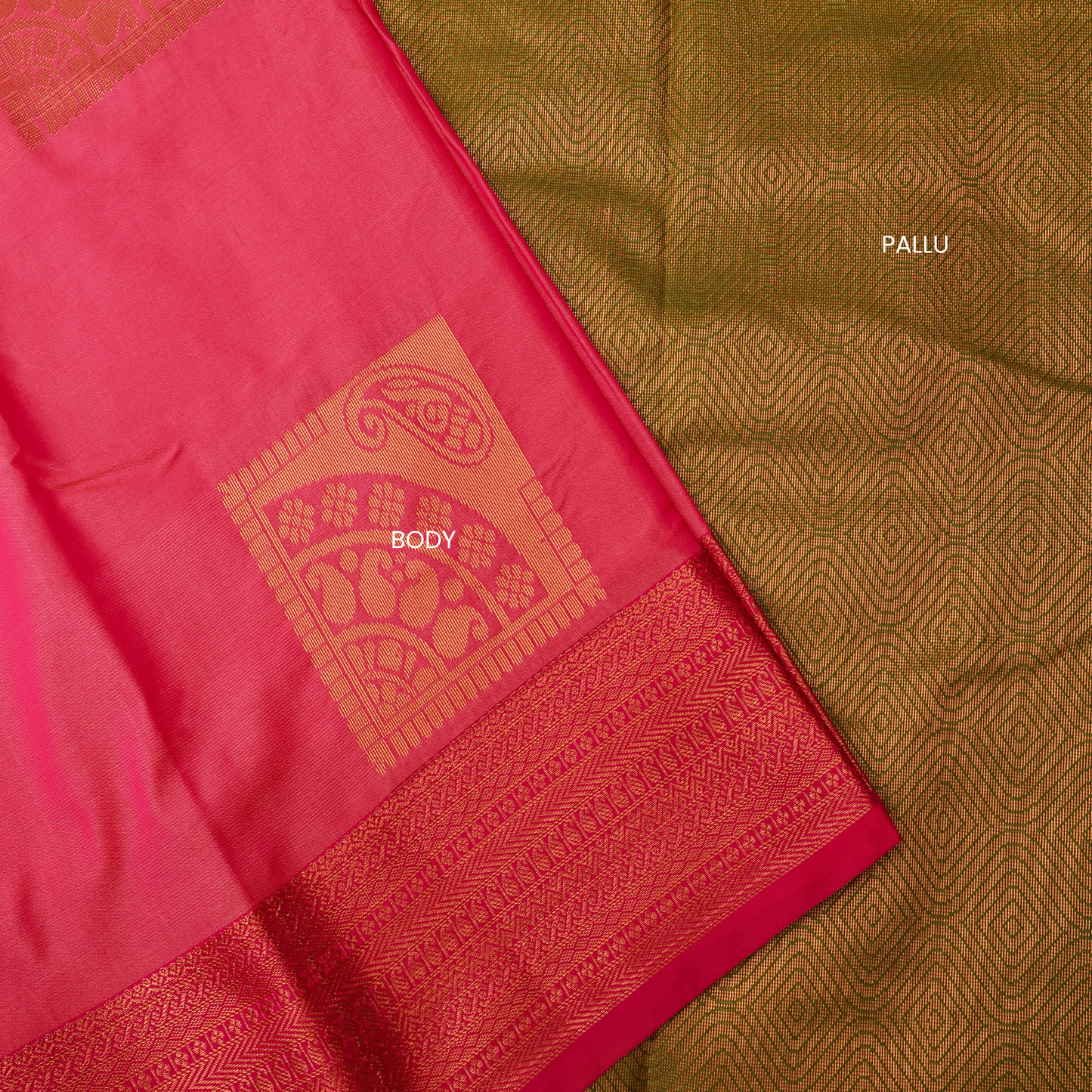 Pink Soft Silk Saree with Lustrous Olive-Green Pallu ES28