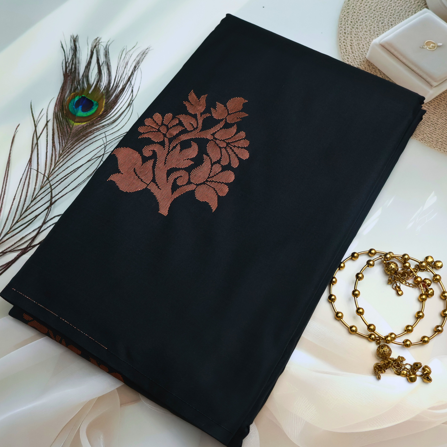 Black Soft Silk Saree with Copper-Red Pallu ES29