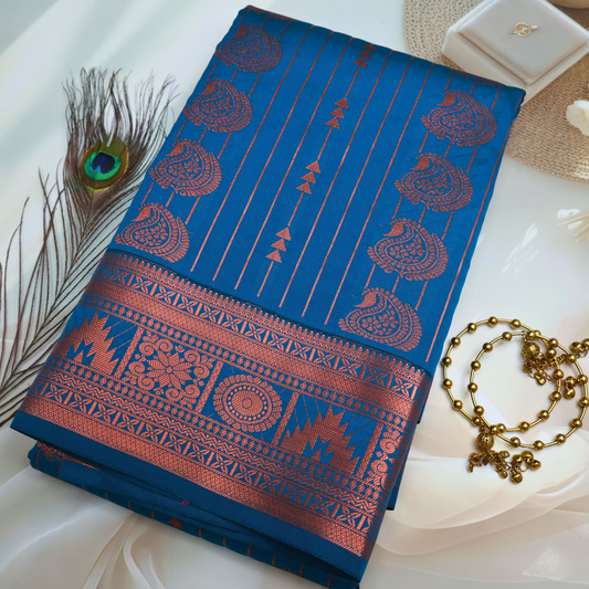 Royal Blue Handloom Kanjivaram Saree with Red Pallu and Contrast Blouse SB002