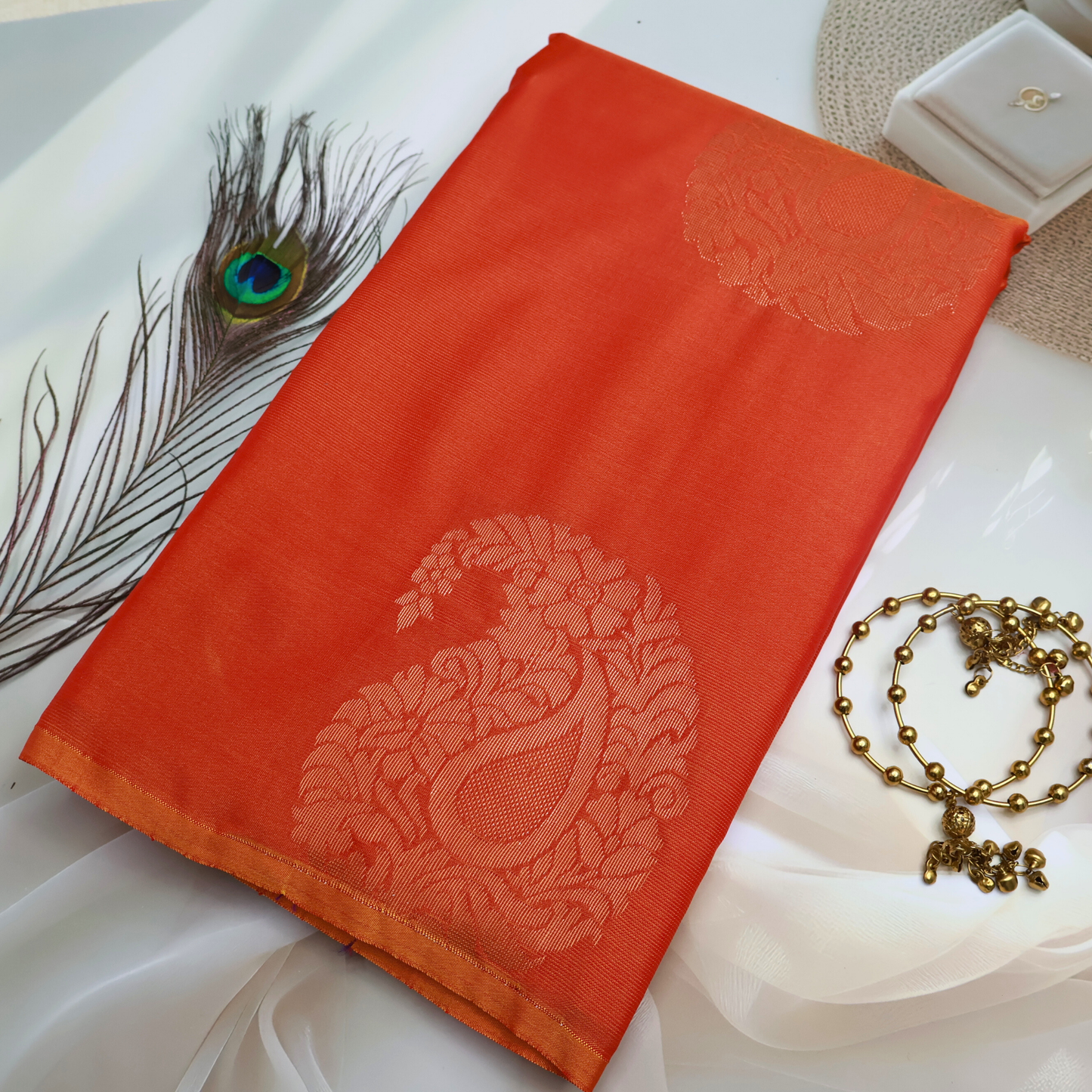 Bright Orange Soft Silk Saree with Purple Floral Pallu ES32