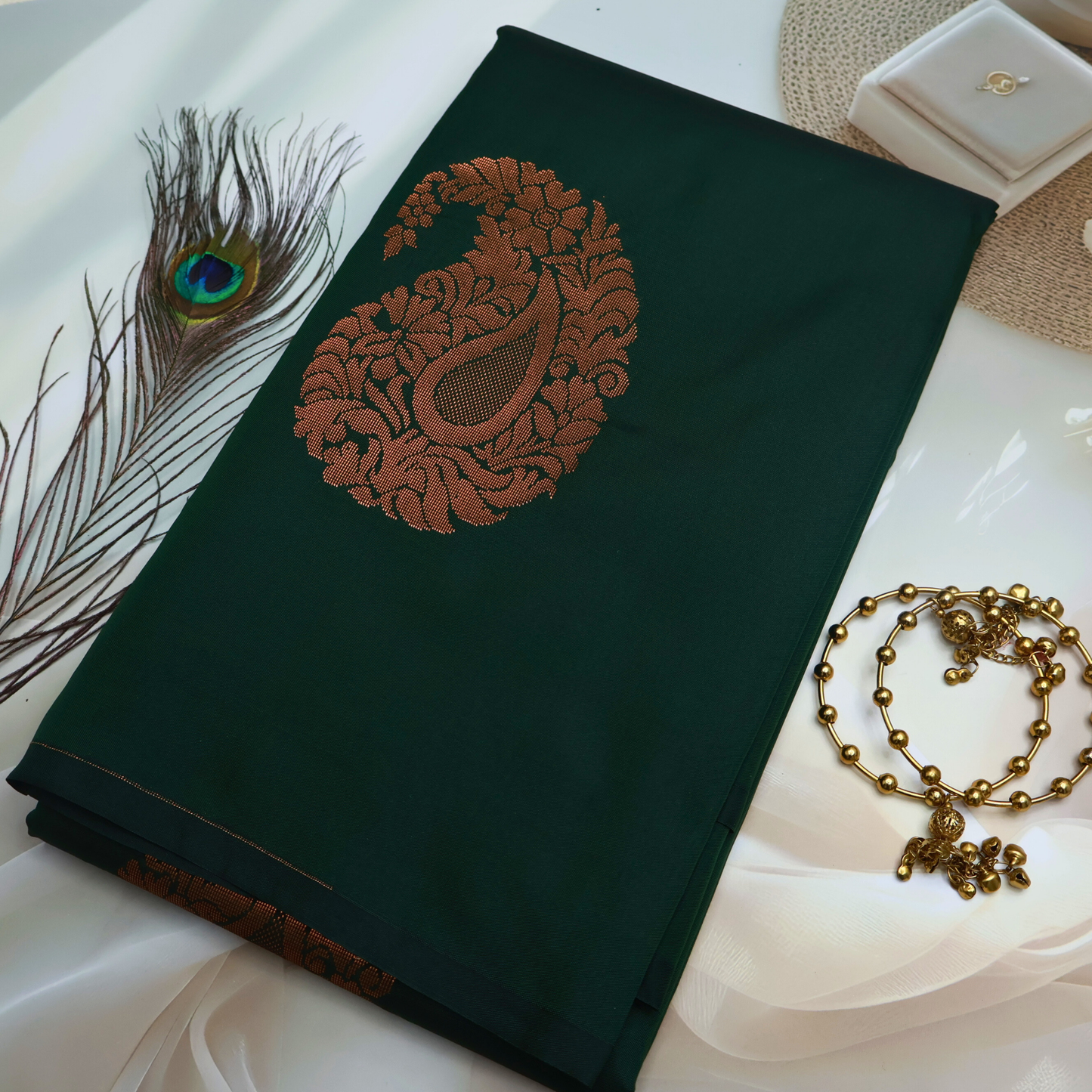 Green Soft Silk Saree with Maroon Floral Pallu ES33