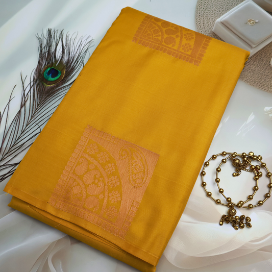 Yellow Soft Silk Saree with Pink Leafy Pallu ES34