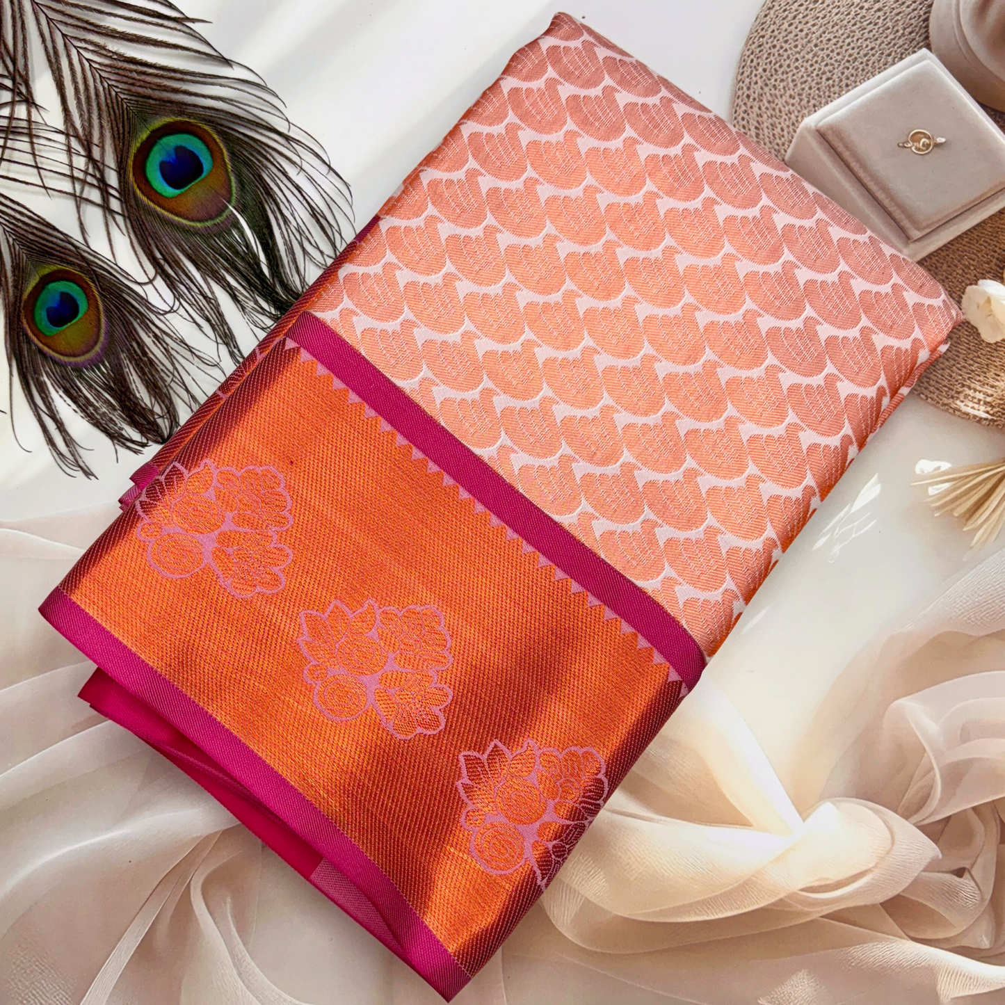 Peach and Pink Bridal Silk Saree with Copper Zari Border BS003