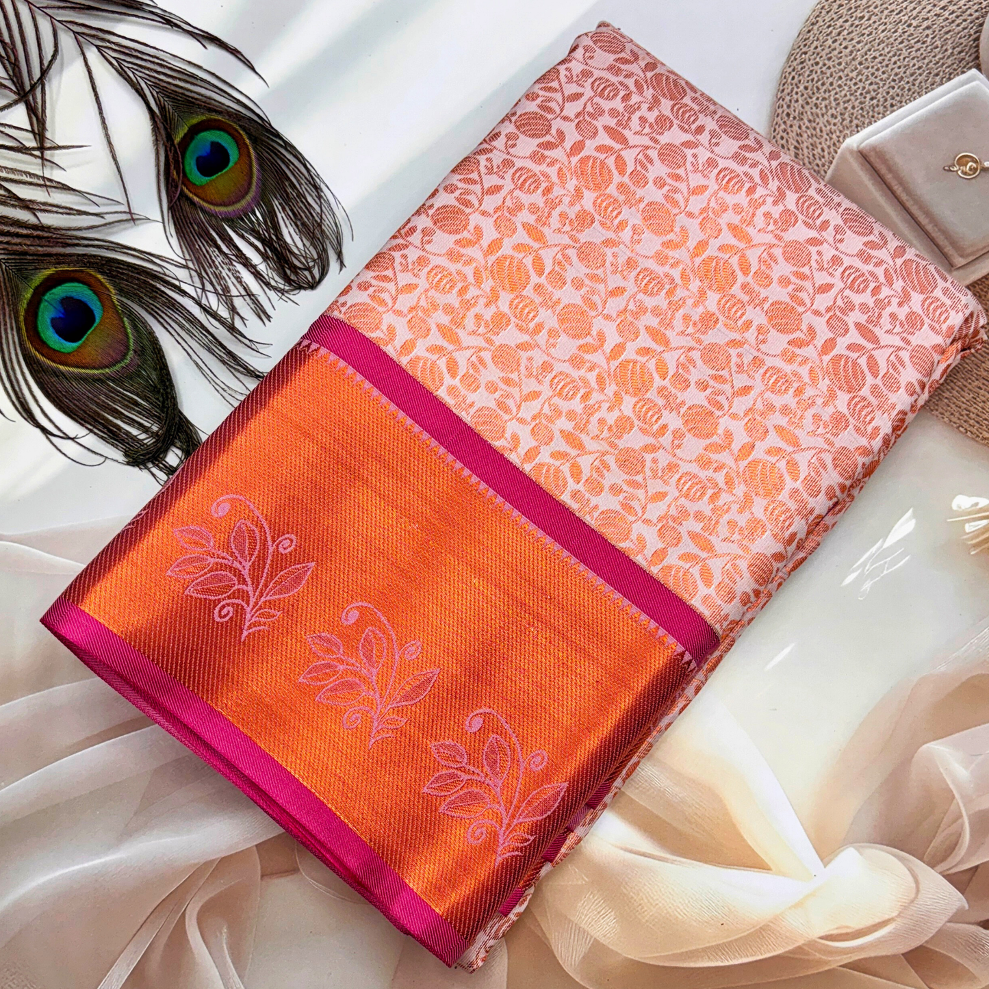 Peach and Pink Bridal Silk Saree with Elegant Zari Border BS006