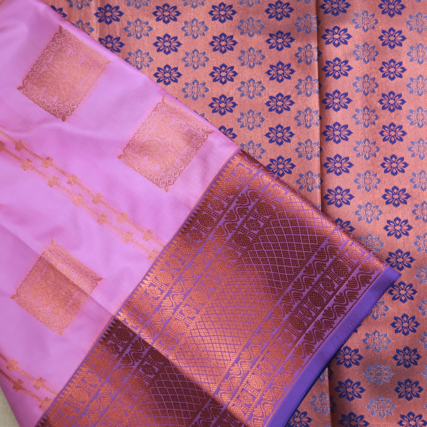 Pink Handloom Kanchipuram Saree with Peach Pallu and Contrast Blouse SB009