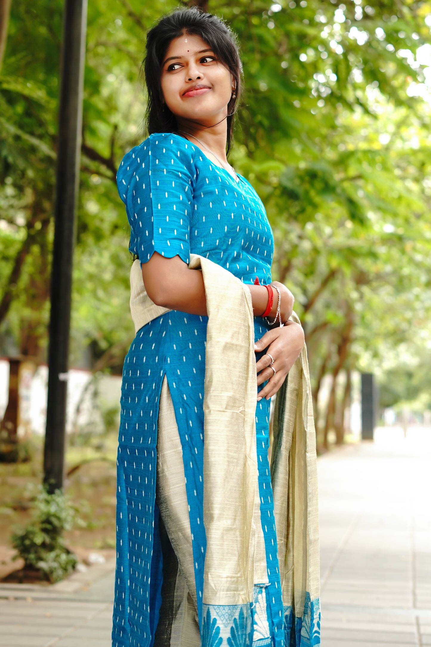 Elegant Blue Raw Silk Premium Kurti Set