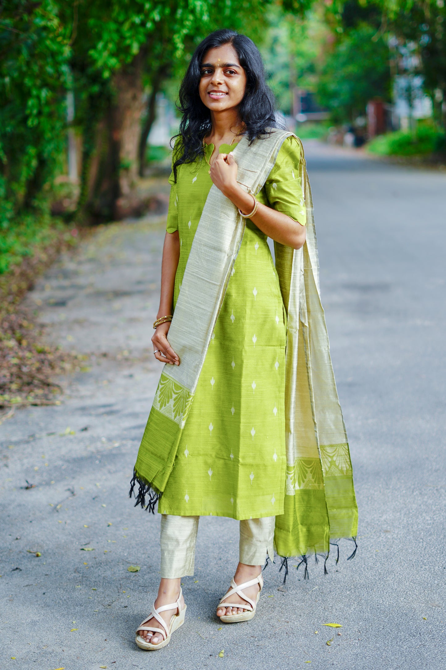Elegant Parrot Green Raw Silk Premium Kurti Set
