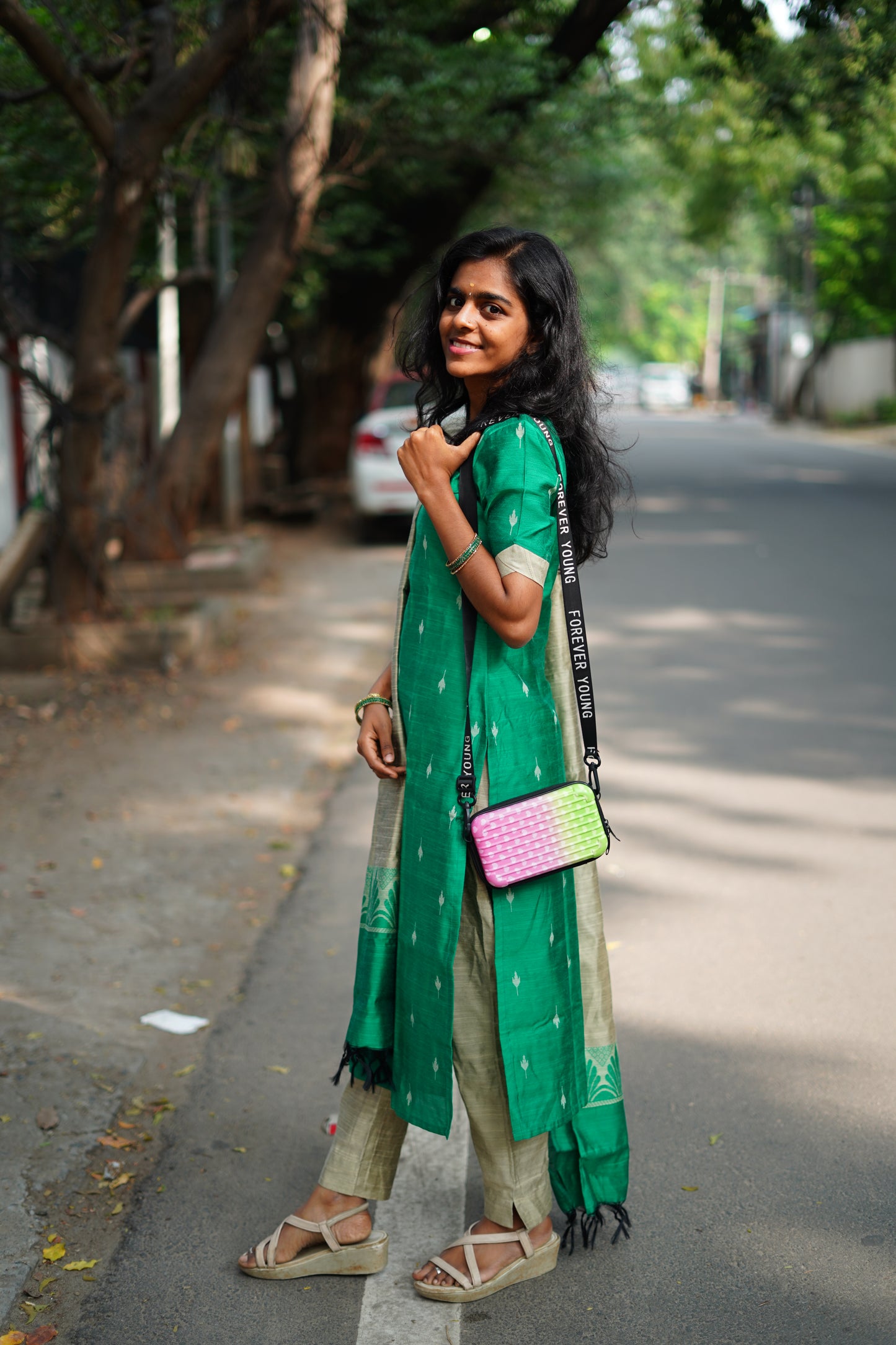 Emerald Green Raw Silk Kurti with Subtle Motifs