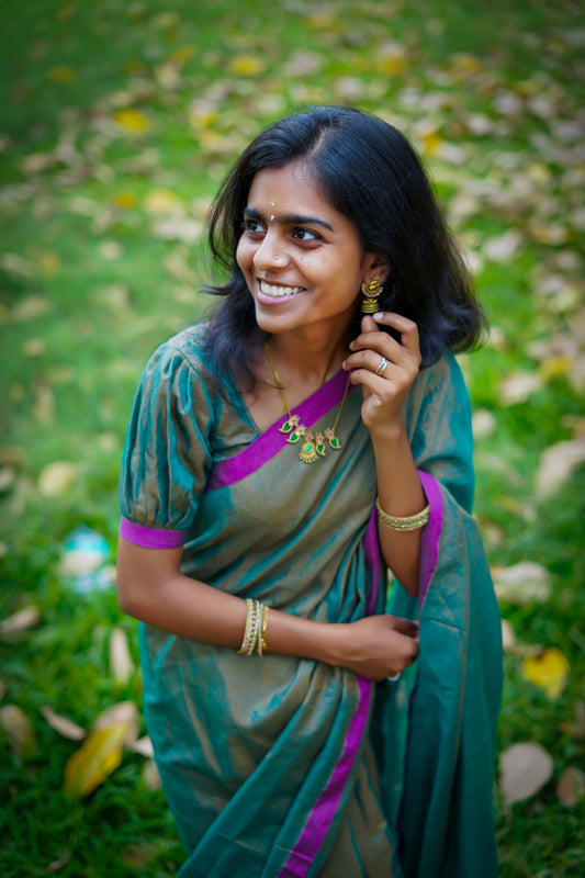 Teal Green Khadi Tissue Saree with Magenta Border