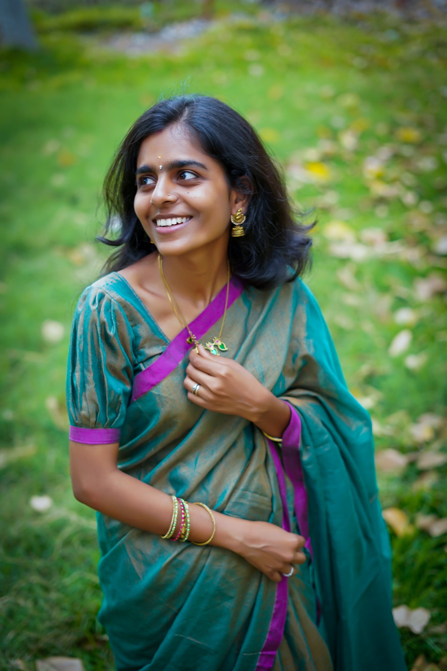 Teal Green Khadi Tissue Saree with Magenta Border