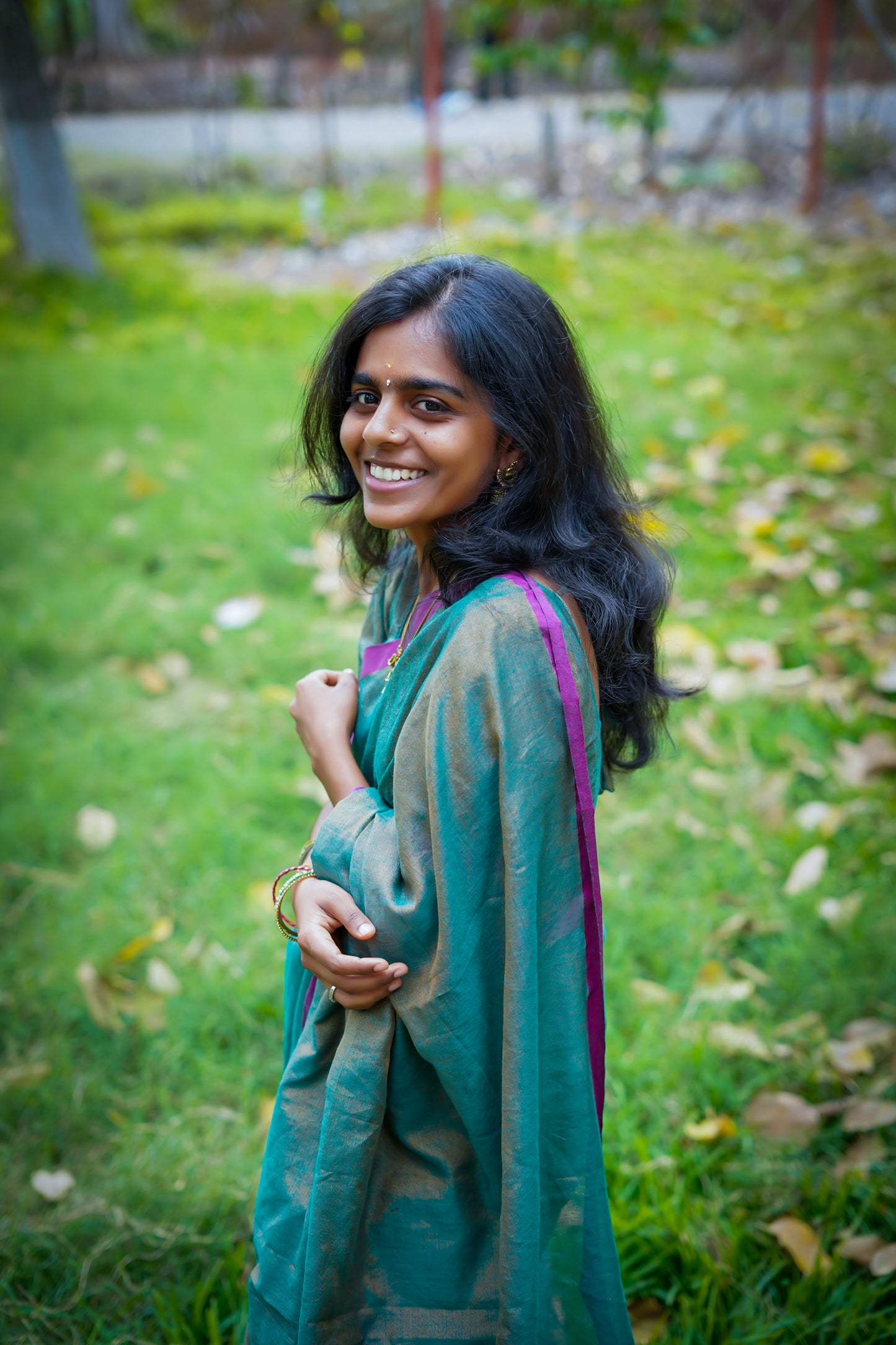 Teal Green Khadi Tissue Saree with Magenta Border