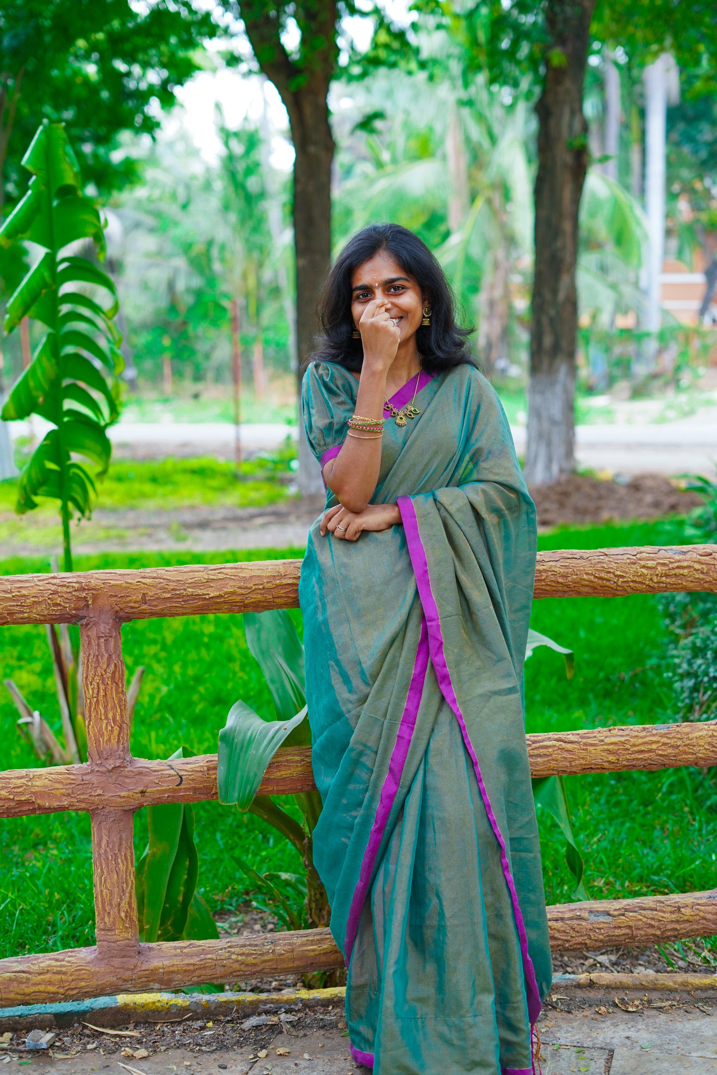 Teal Green Khadi Tissue Saree with Magenta Border