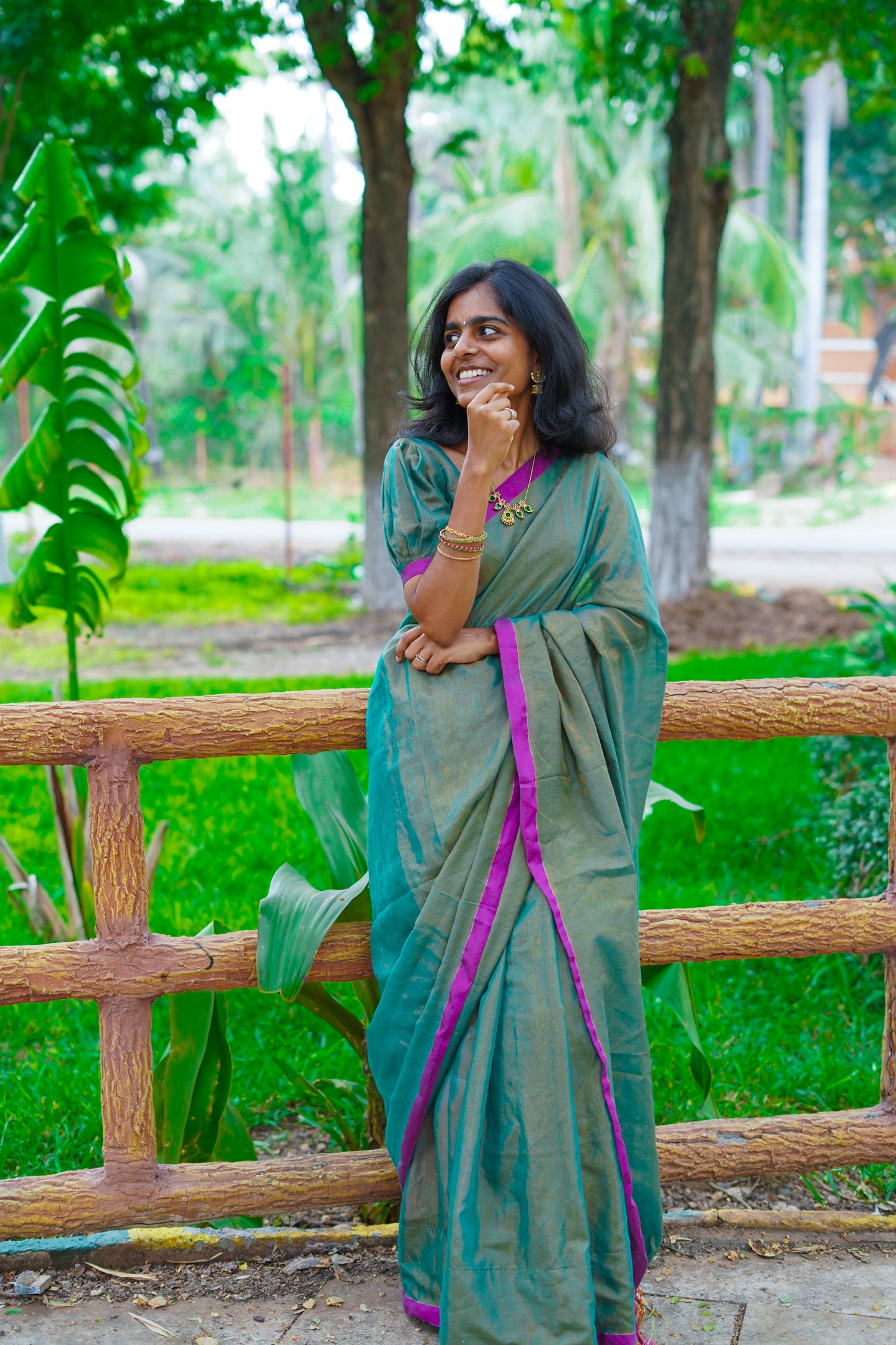 Teal Green Khadi Tissue Saree with Magenta Border